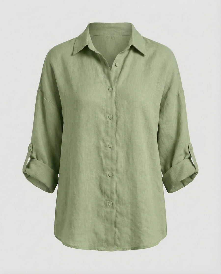 Mariana Lightweight Linen Blouse with V-Neck in Green