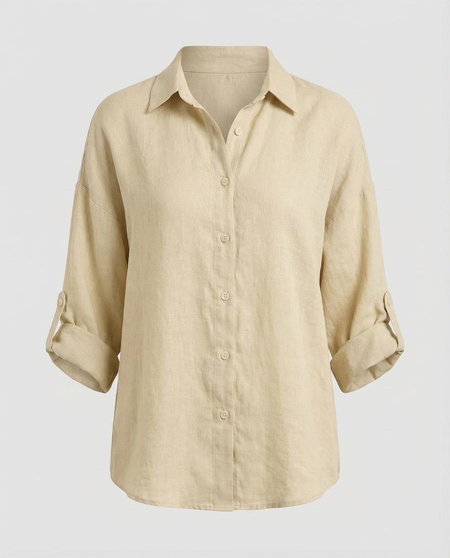 Mariana Lightweight Linen Blouse with V-Neck in Khaki