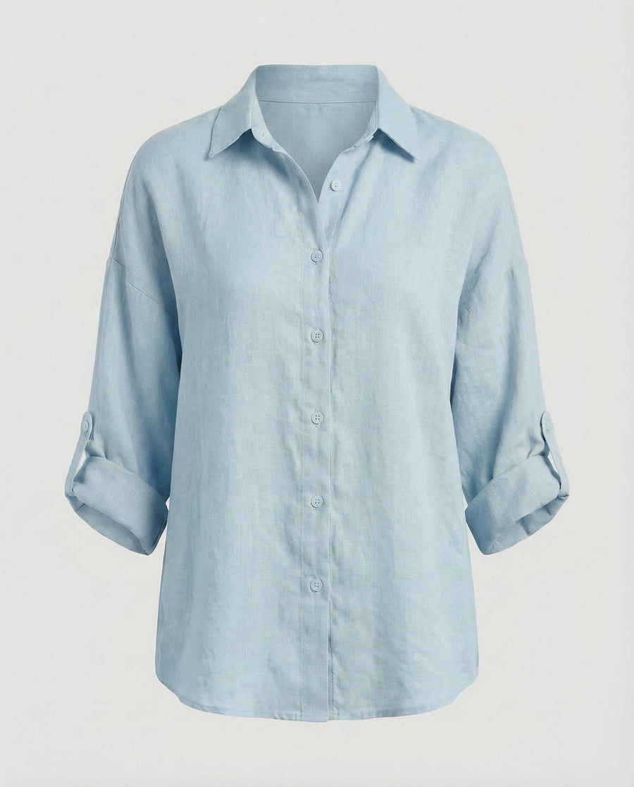 Mariana Lightweight Linen Blouse with V-Neck in Light Blue
