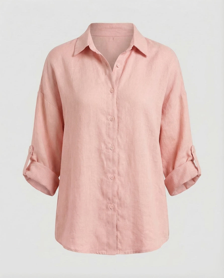 Mariana Lightweight Linen Blouse with V-Neck in Light Pink