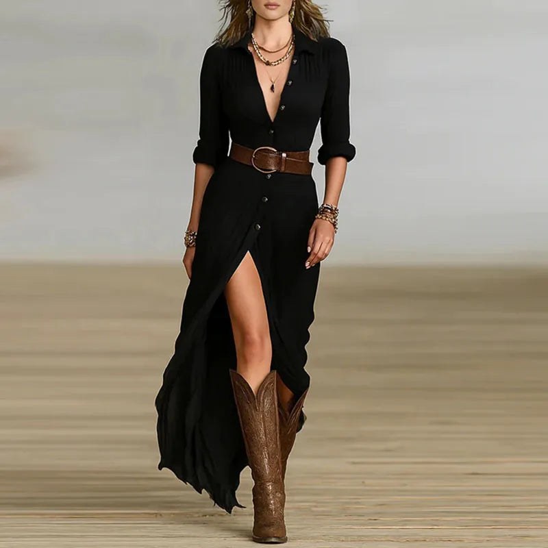 Marigold Women's Long Sleeve Maxi Shirt Dress with Belt in Black