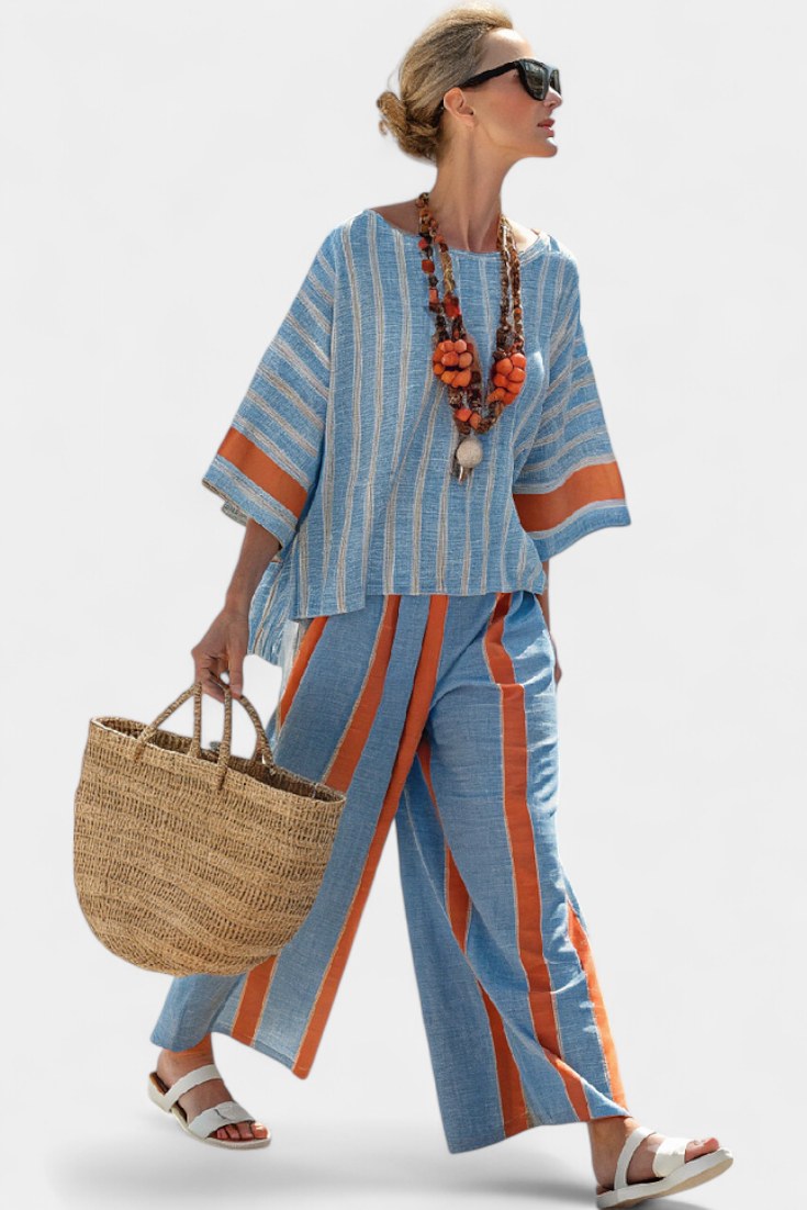 Marina Women's Striped Top Wide Leg Pants Two-Piece Set in Multicolour