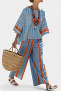 Marina Women's Striped Top Wide Leg Pants Two-Piece Set