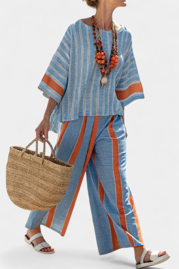 Marina Women's Striped Top Wide Leg Pants Two-Piece Set