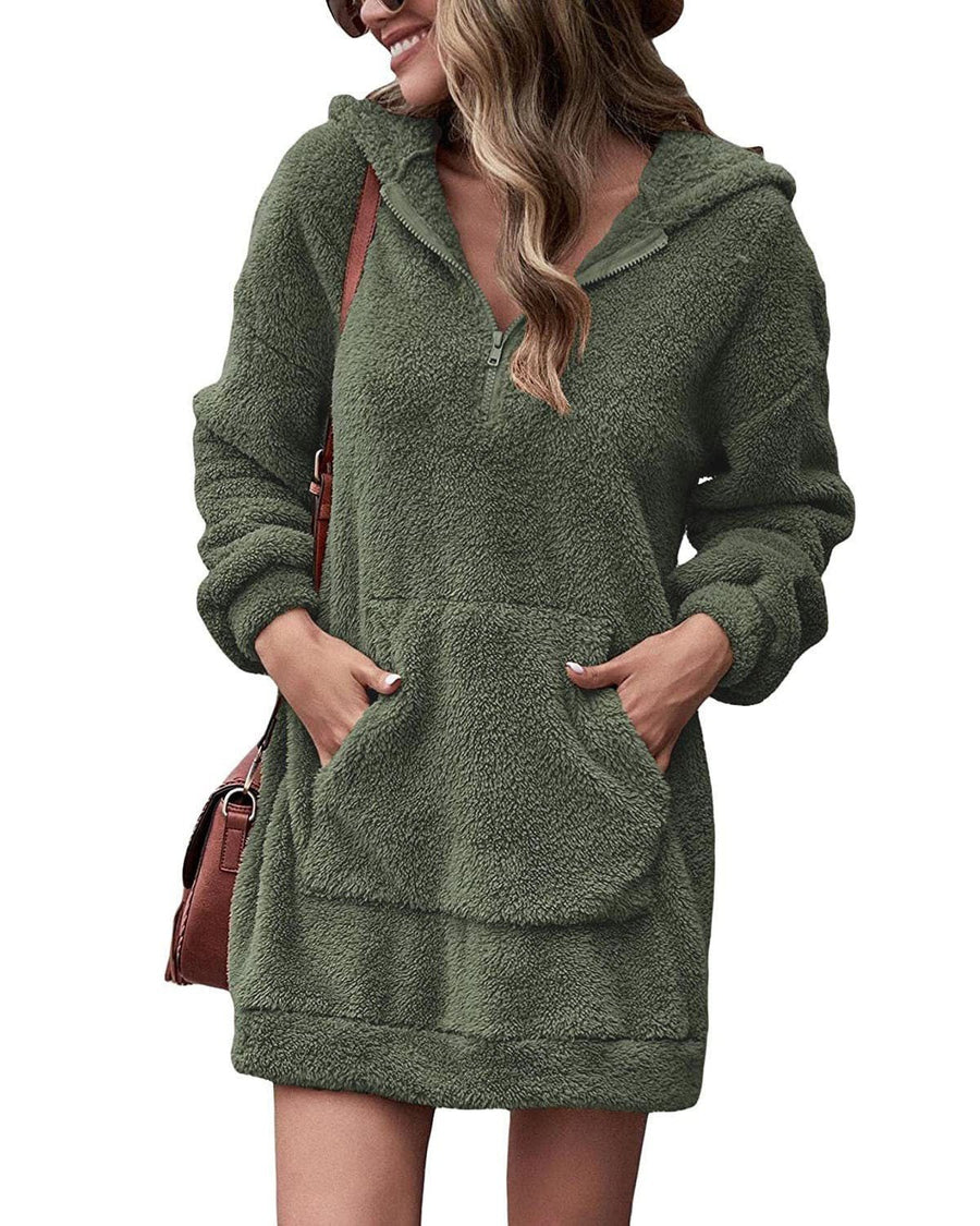 Marisol Dress with Zip Front and Pockets in Olive Green