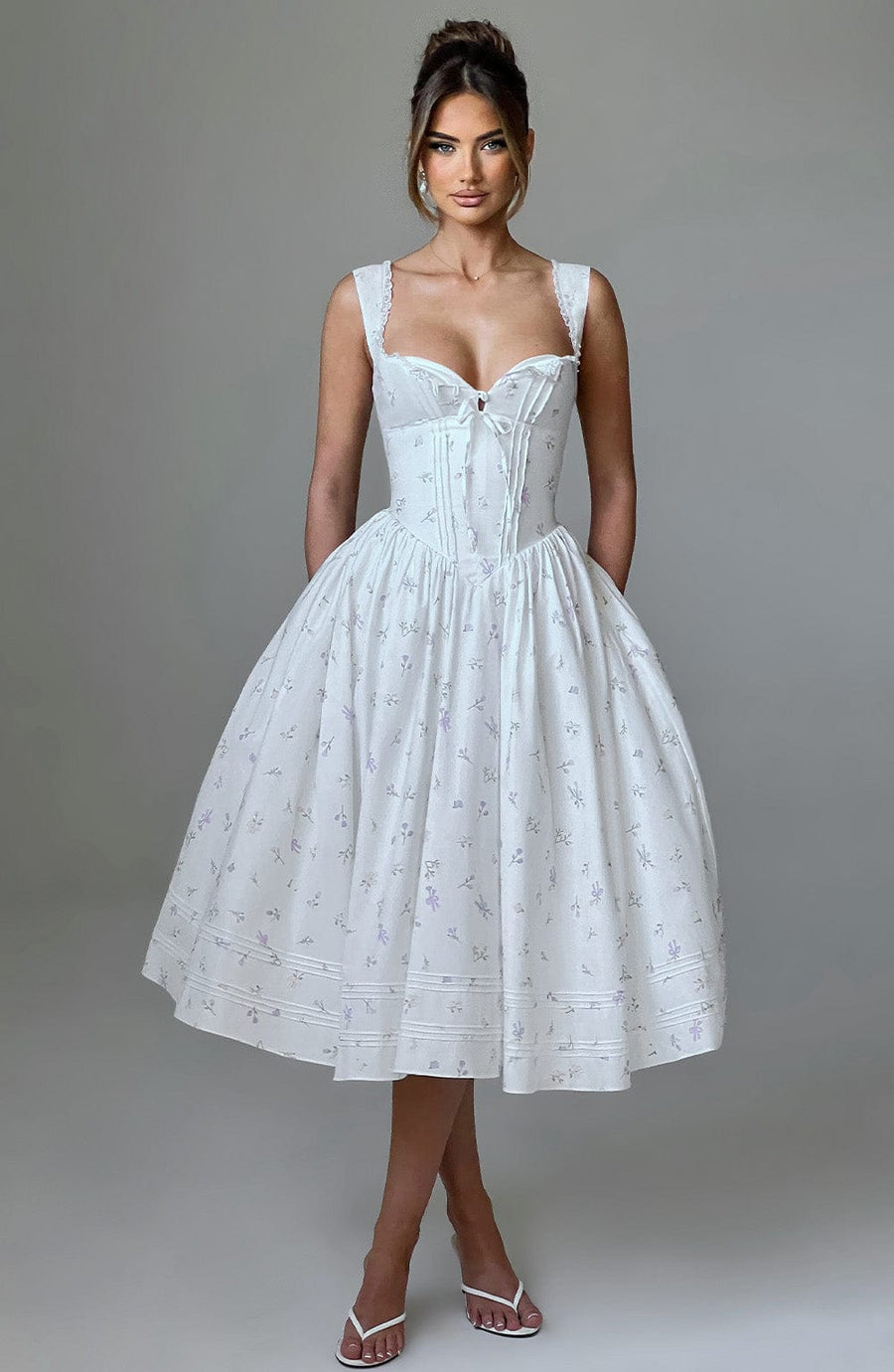 Verity Midi Dress – White Multi Floral Print