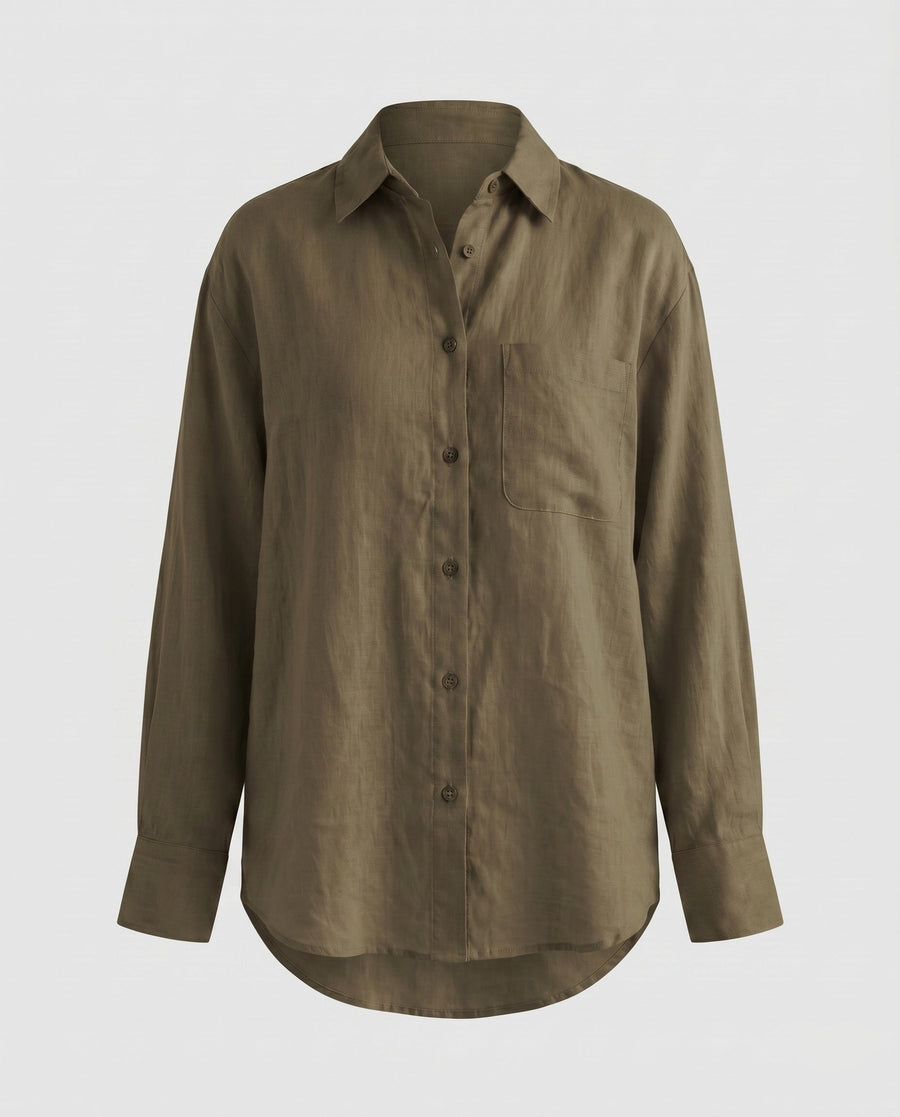 Marlowe Casual Linen Blouse with Oversized in Olive Green