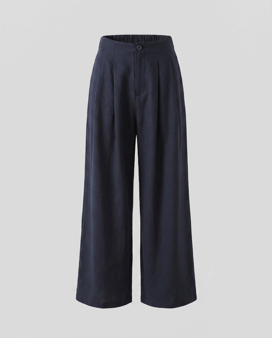 Marta Elegant Linen Trousers with Pleated in Navy