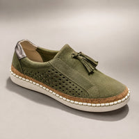 Marvelle Women's Slip-On Sneakers Perforated Tassel in Army Green