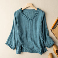 Mary™ Embroidered V-Neck Blouse in Blue