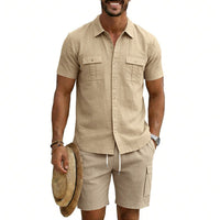 Mathis Linen Blend Shirt with Short Sleeve in Khaki