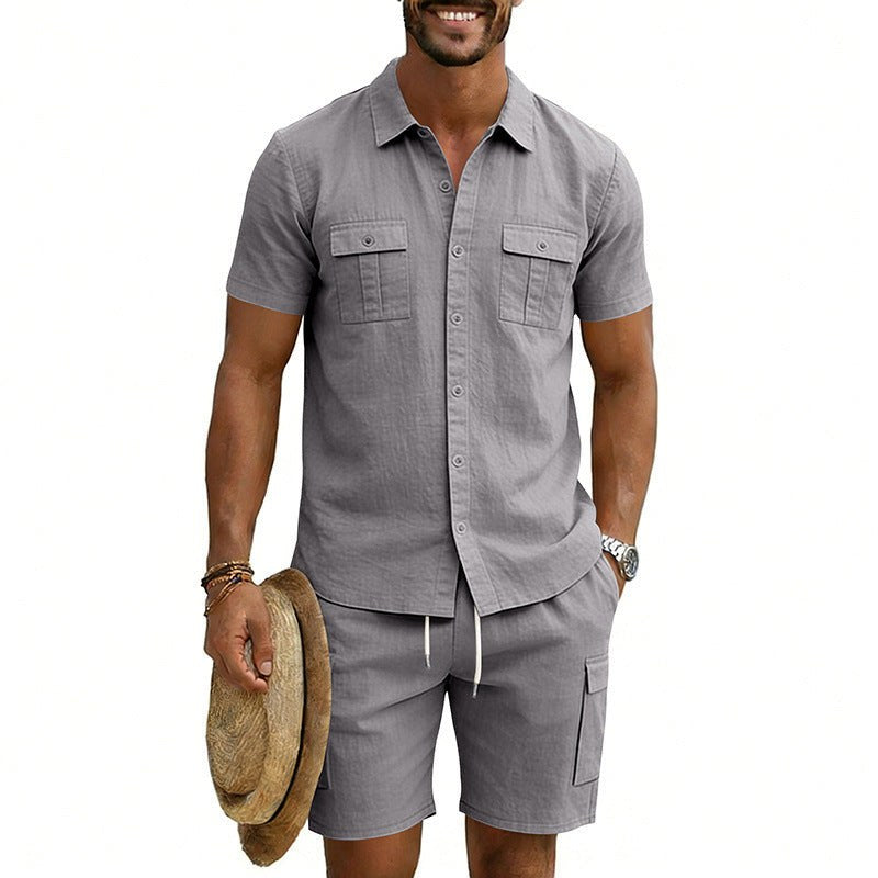 Mathis Linen Blend Shirt with Short Sleeve in Mid Grey
