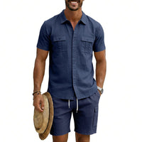 Mathis Linen Blend Shirt with Short Sleeve in Navy