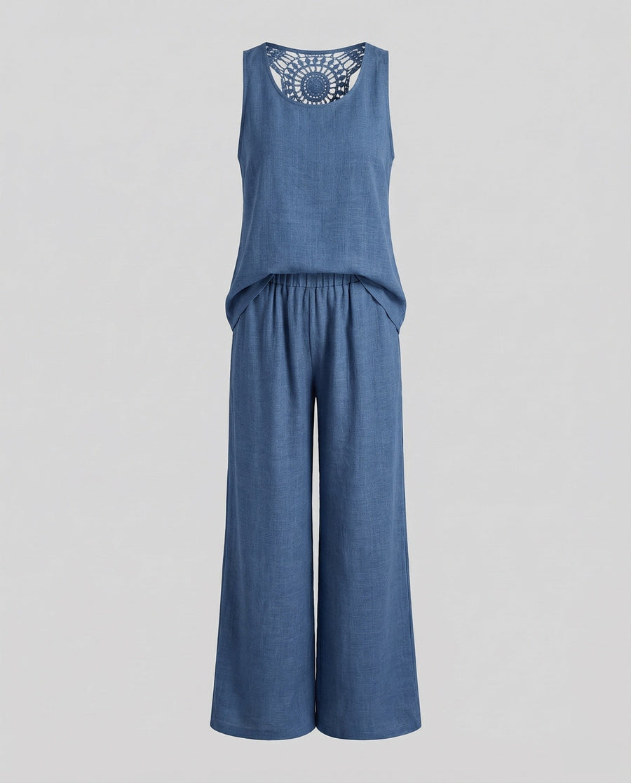 Matilda Comfortable Linen Blend Two Piece Set with Crew Neck in Blue