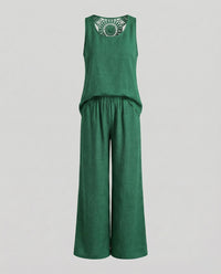 Matilda Comfortable Linen Blend Two Piece Set with Crew Neck in Dark Green