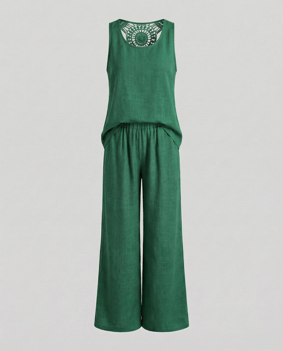 Matilda Comfortable Linen Blend Two Piece Set with Crew Neck in Dark Green