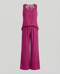 Matilda Comfortable Linen Blend Two Piece Set with Crew Neck in Fuchsia
