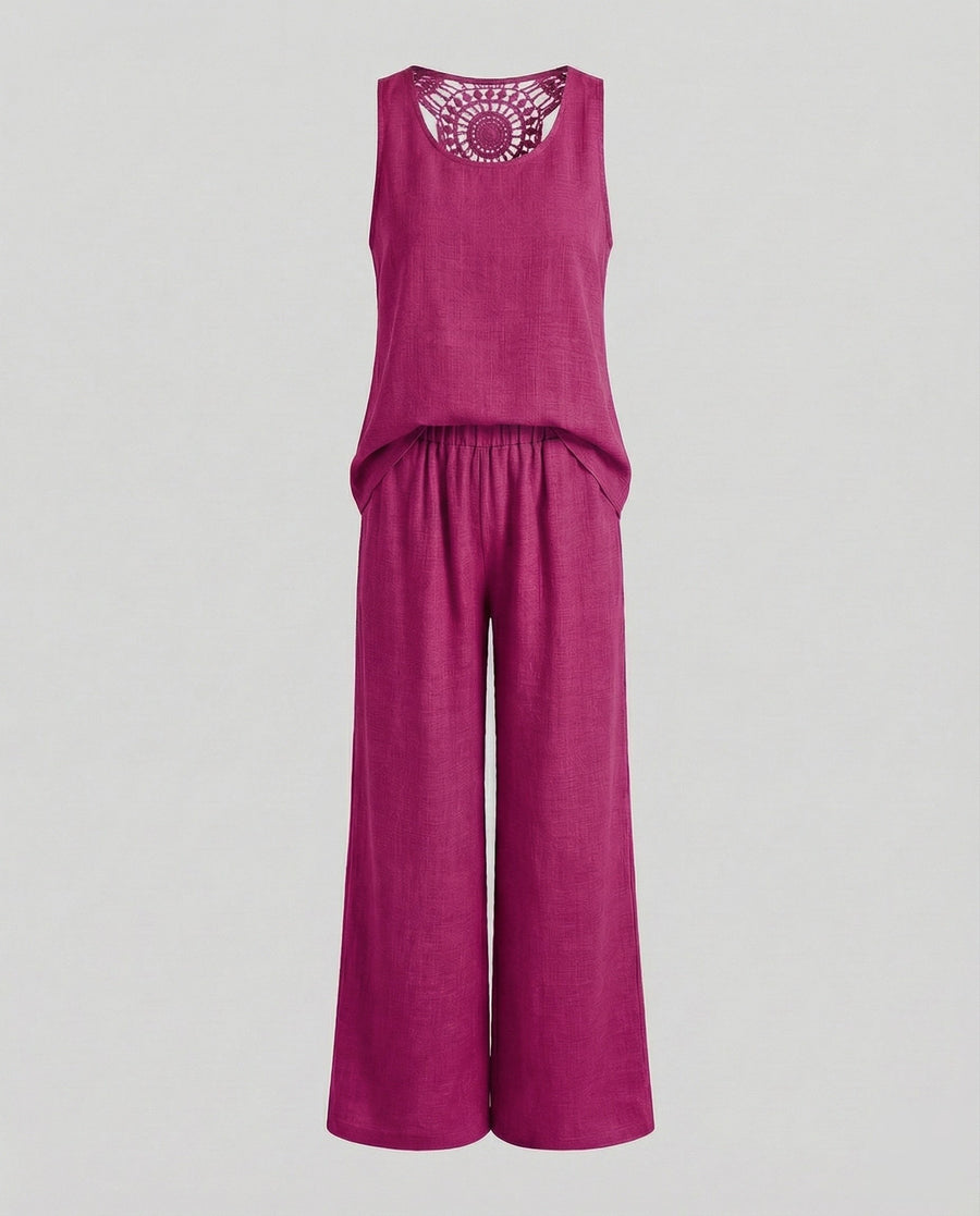 Matilda Comfortable Linen Blend Two Piece Set with Crew Neck in Fuchsia