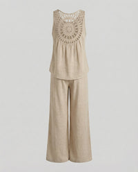 Matilda Comfortable Linen Blend Two Piece Set with Crew Neck in Khaki
