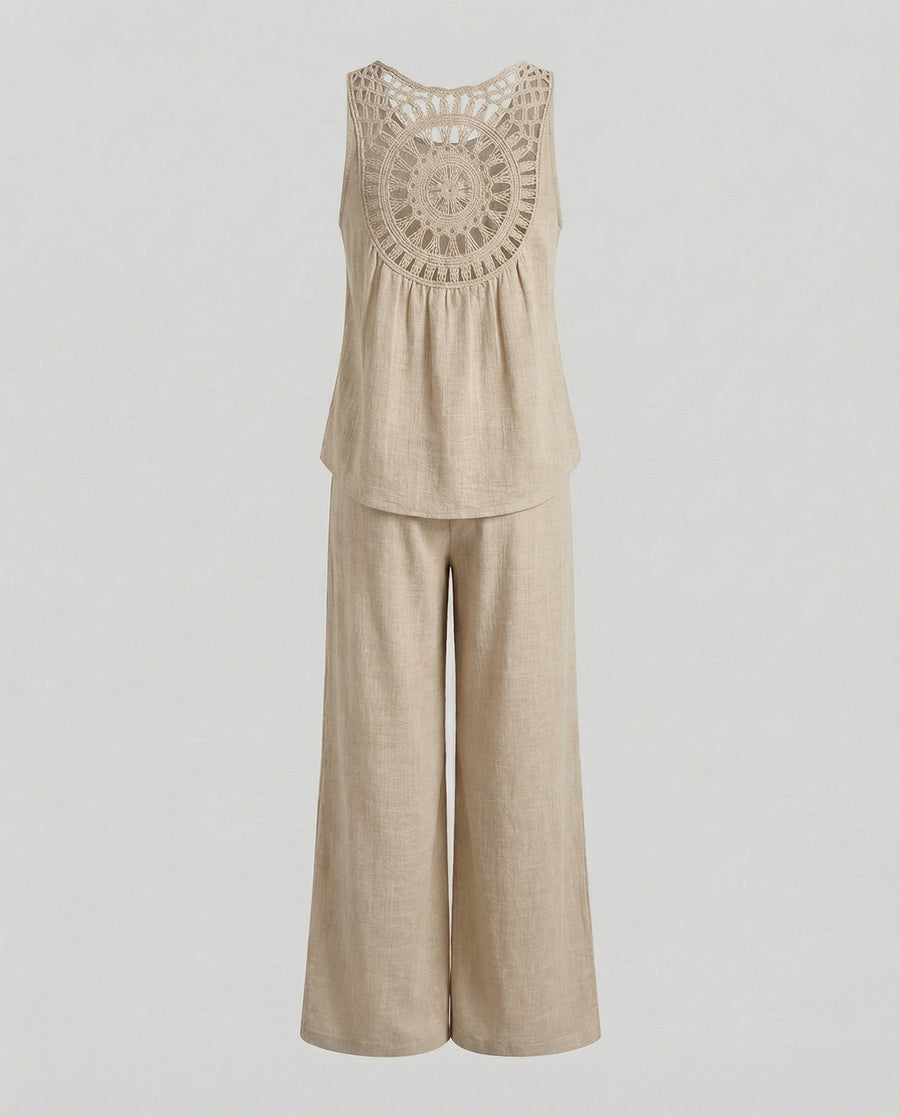 Matilda Comfortable Linen Blend Two Piece Set with Crew Neck in Khaki