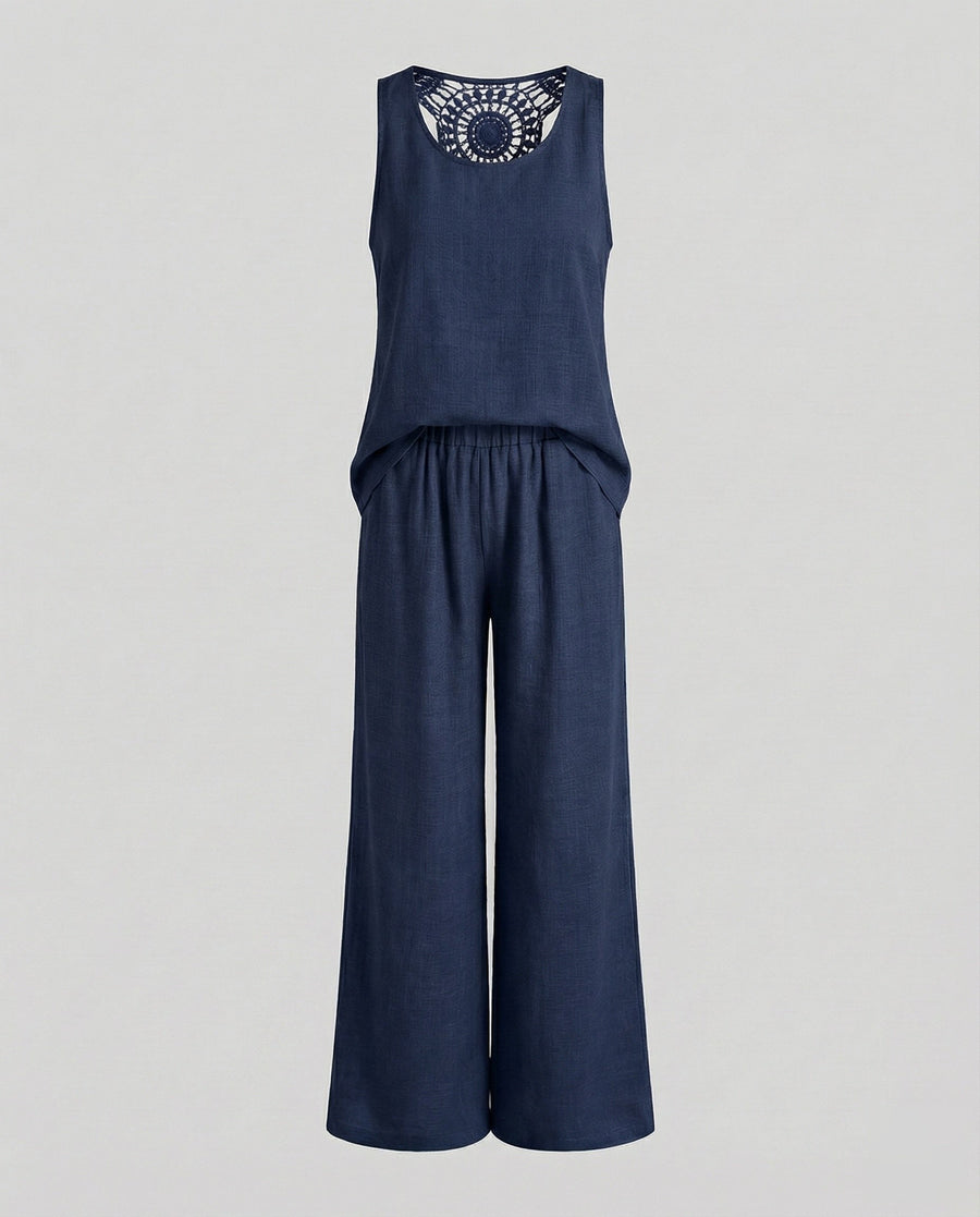 Matilda Comfortable Linen Blend Two Piece Set with Crew Neck in Navy