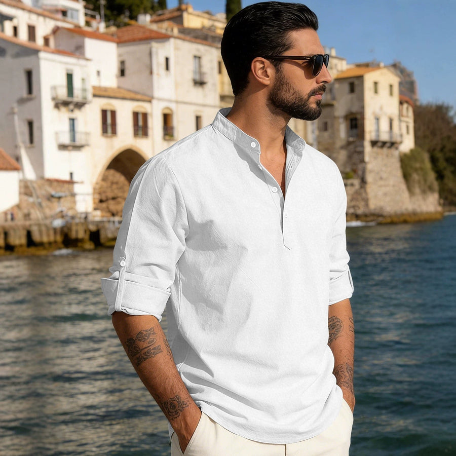 Matteo Lightweight Linen Blend Shirt with Stand Collar