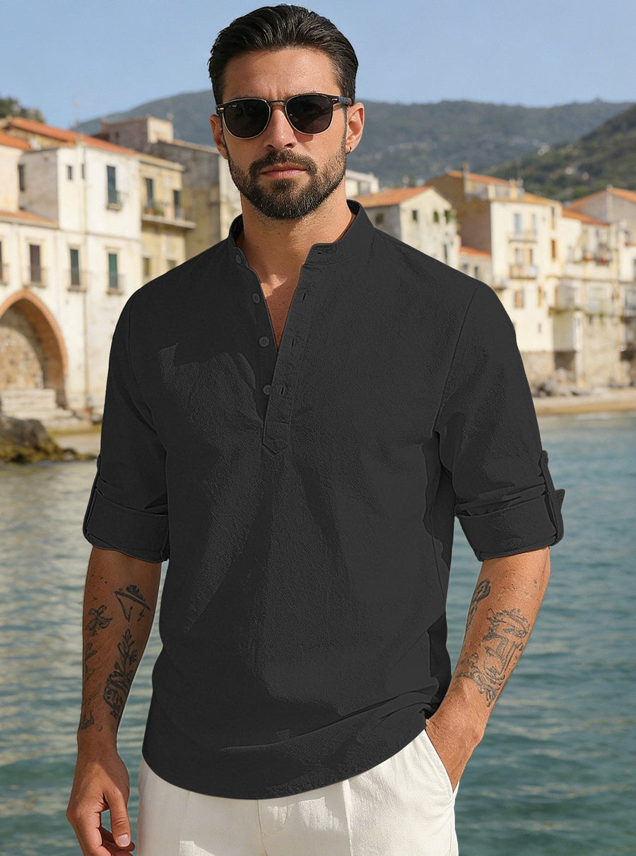 Matteo Lightweight Linen Blend Shirt with Stand Collar in Black