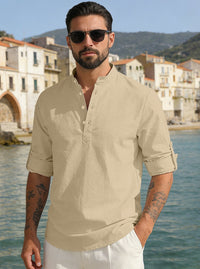 Matteo Lightweight Linen Blend Shirt with Stand Collar in Khaki
