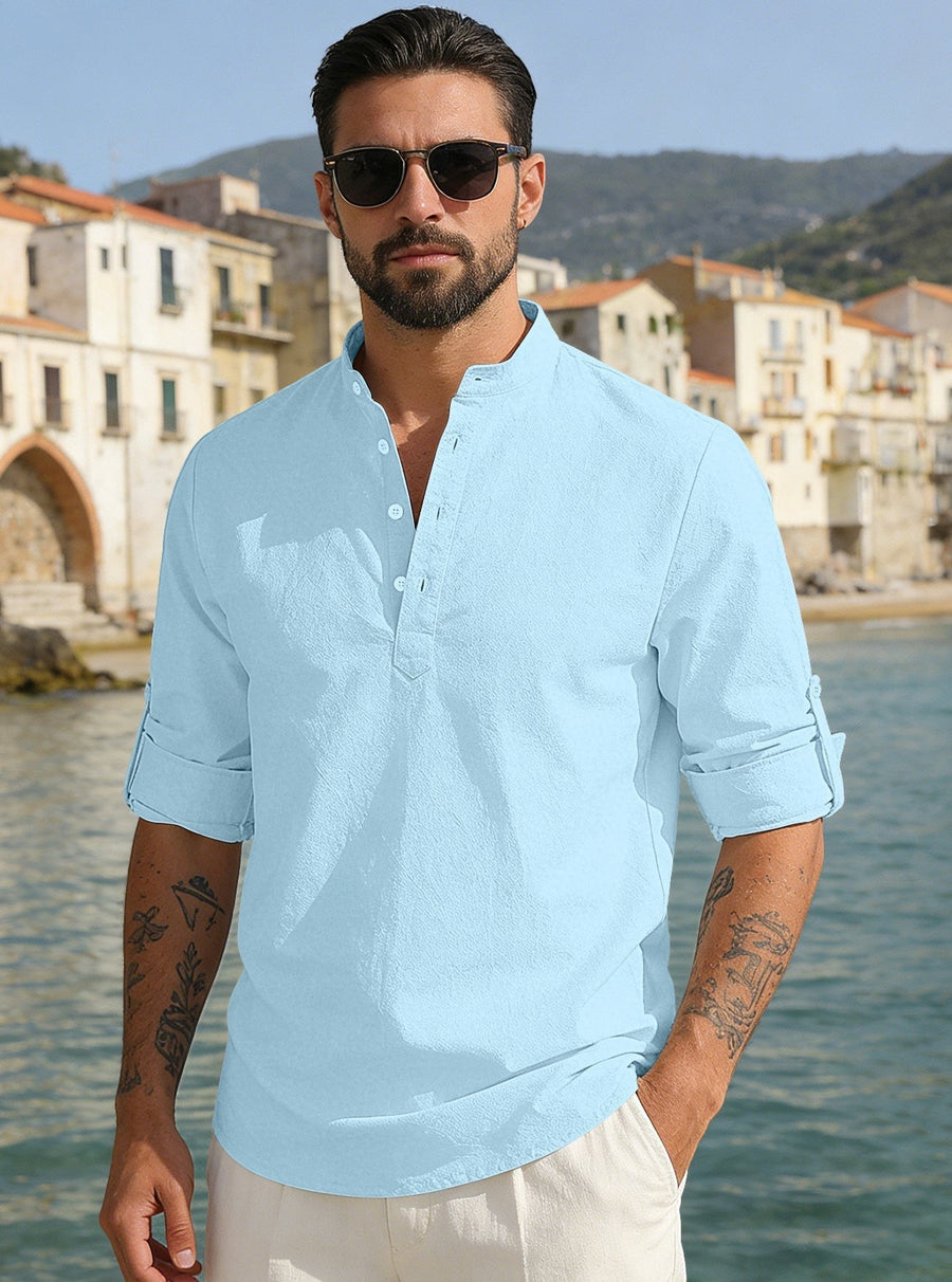 Matteo Lightweight Linen Blend Shirt with Stand Collar in Light Blue