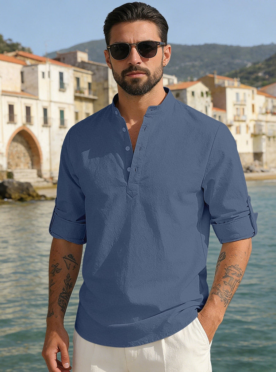 Matteo Lightweight Linen Blend Shirt with Stand Collar in Marinr&Blau