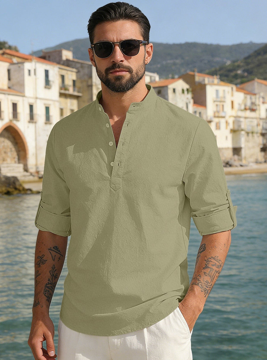 Matteo Lightweight Linen Blend Shirt with Stand Collar in Olive Green