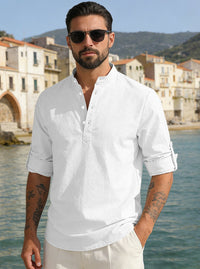 Matteo Lightweight Linen Blend Shirt with Stand Collar in White