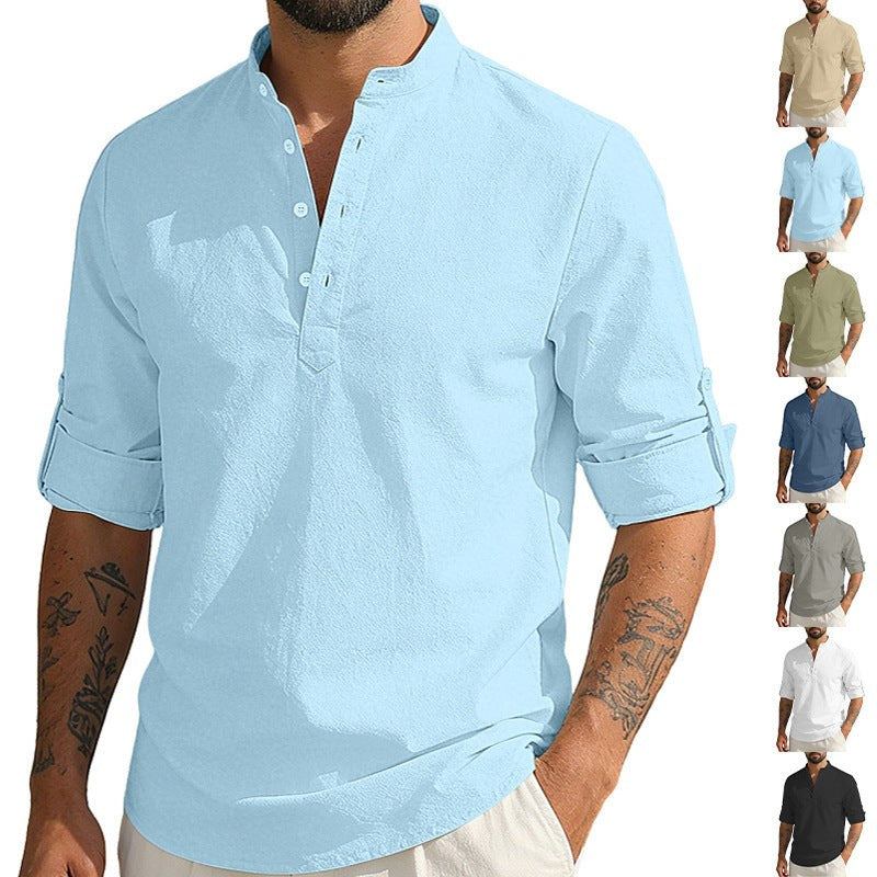 Matteo Lightweight Linen Blend Shirt with Stand Collar