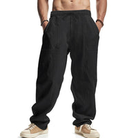 Matthias Relaxed Linen Trousers with Drawstring Waist and Elastic Waist in Black