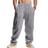 Matthias Relaxed Linen Trousers with Drawstring Waist and Elastic Waist in Grey