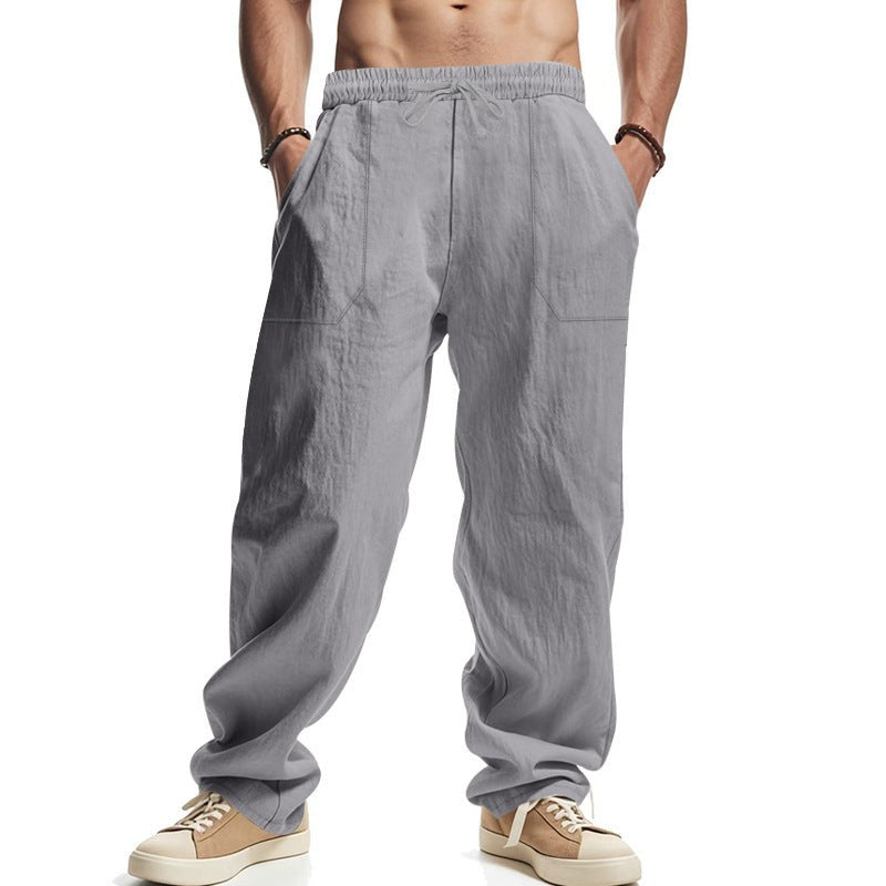 Matthias Relaxed Linen Trousers with Drawstring Waist and Elastic Waist in Grey