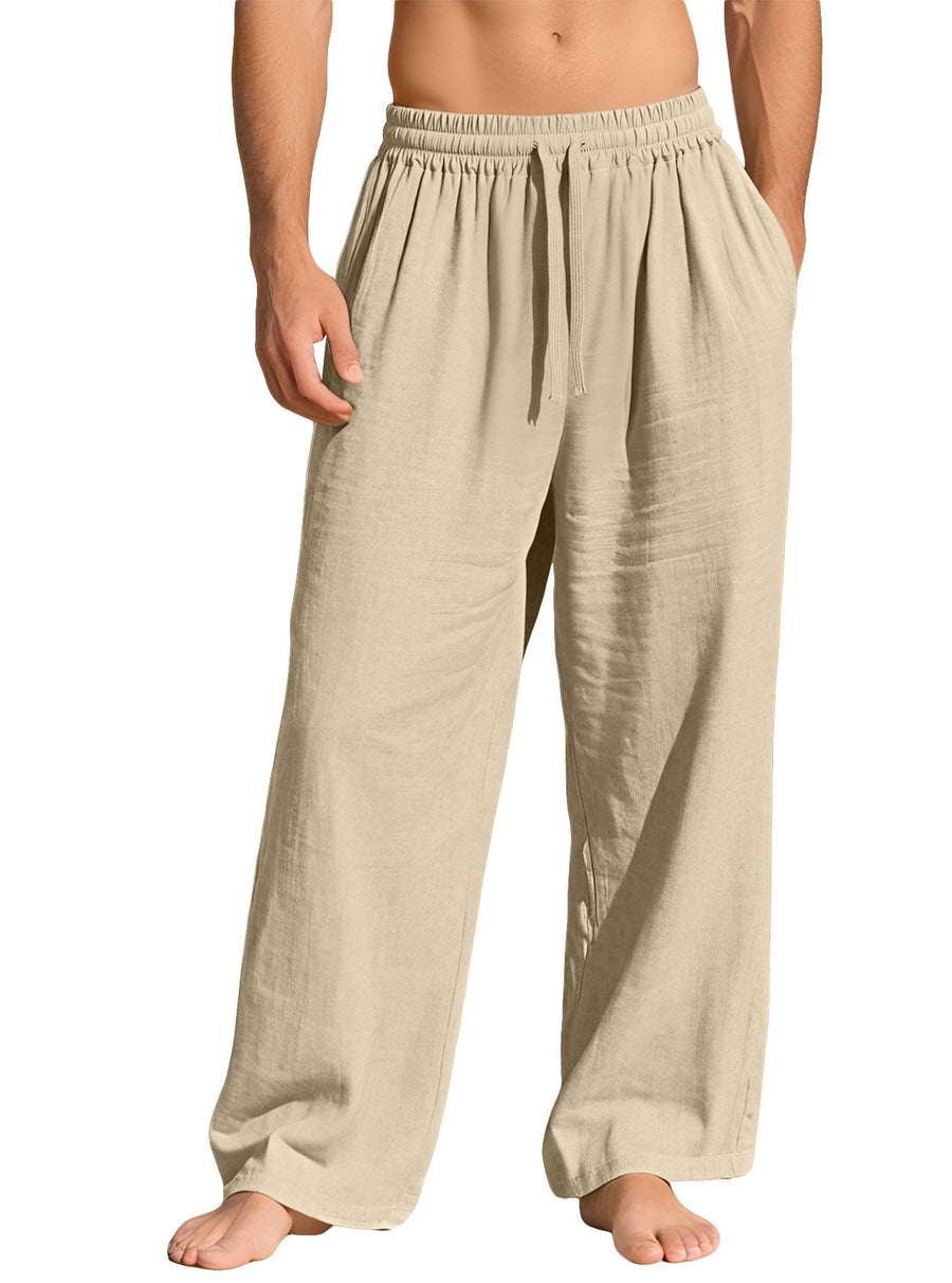 Maurice Lightweight Linen Trousers with Elastic Waist and Pockets in Khaki