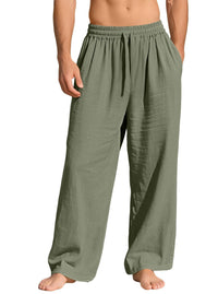 Maurice Lightweight Linen Trousers with Elastic Waist and Pockets in Olive Green