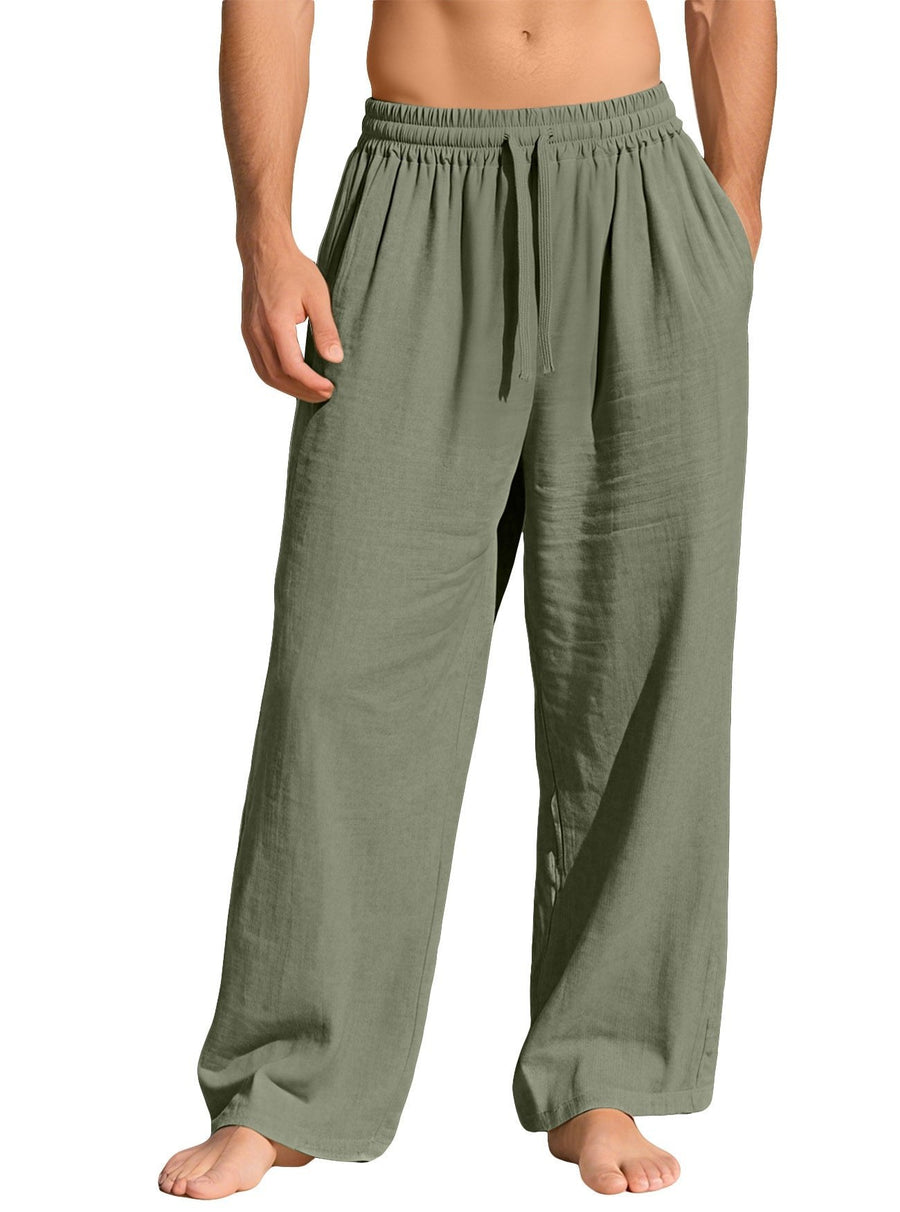 Maurice Lightweight Linen Trousers with Elastic Waist and Pockets in Olive Green