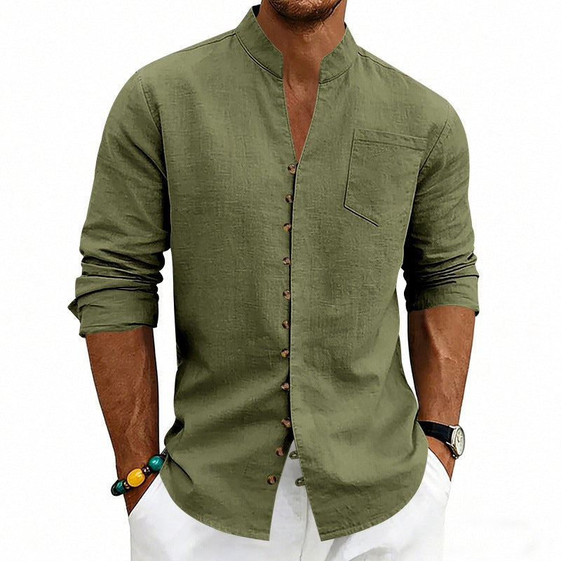 Maurits Lightweight Linen Shirt with Stand Collar and Button Front