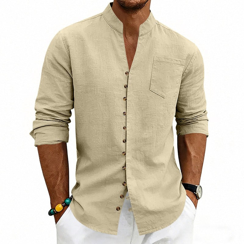 Maurits Lightweight Linen Shirt with Stand Collar and Button Front