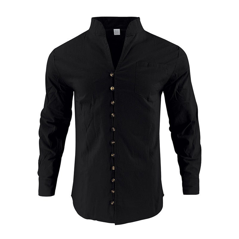 Maurits Lightweight Linen Shirt with Stand Collar and Button Front in Black