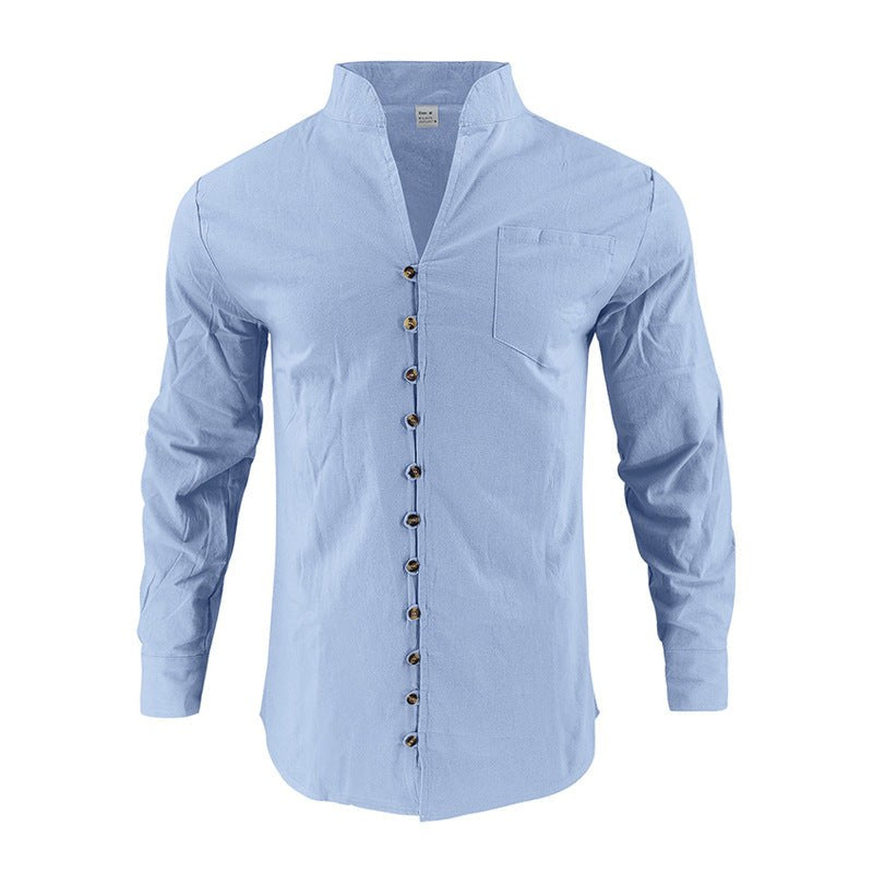Maurits Lightweight Linen Shirt with Stand Collar and Button Front in Blue