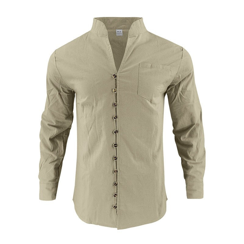 Maurits Lightweight Linen Shirt with Stand Collar and Button Front in Khaki
