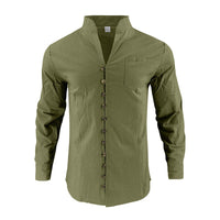 Maurits Lightweight Linen Shirt with Stand Collar and Button Front in Olive Green