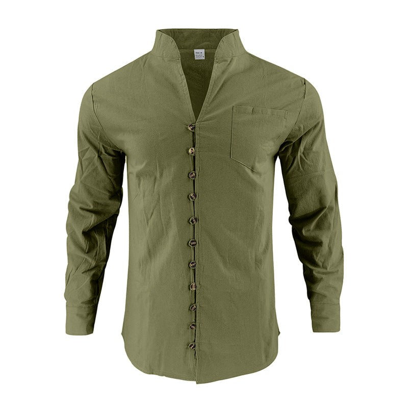 Maurits Lightweight Linen Shirt with Stand Collar and Button Front in Olive Green