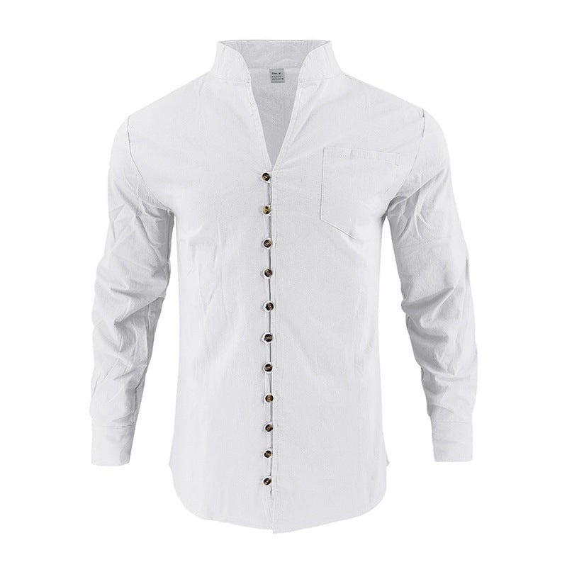 Maurits Lightweight Linen Shirt with Stand Collar and Button Front in White