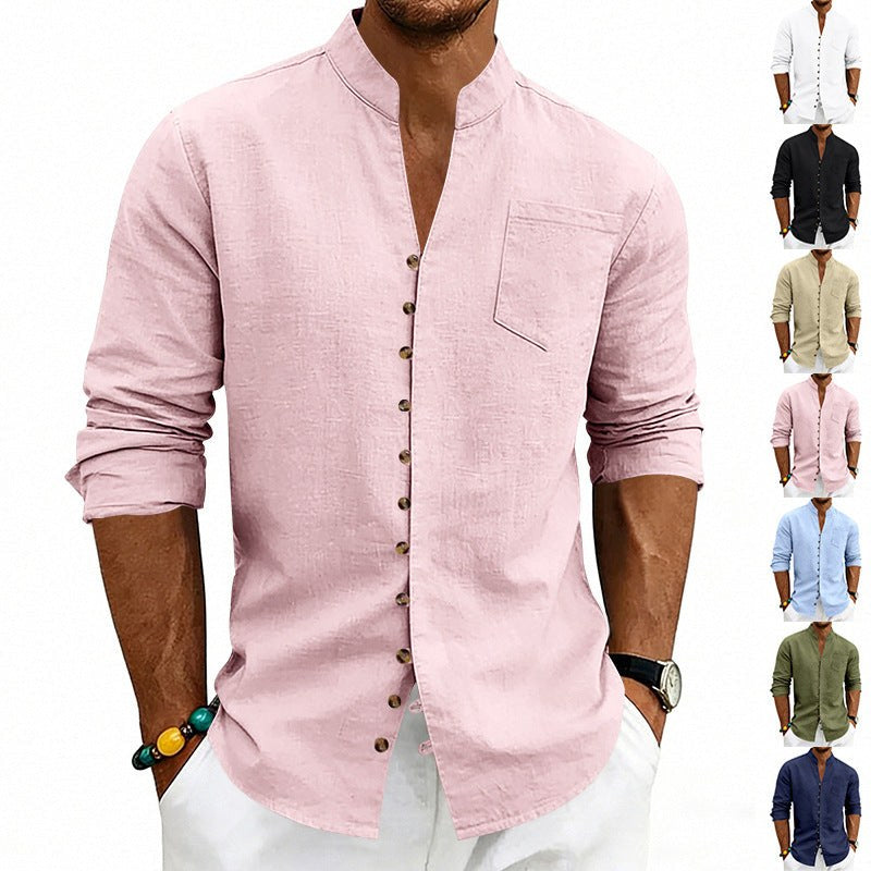 Maurits Lightweight Linen Shirt with Stand Collar and Button Front