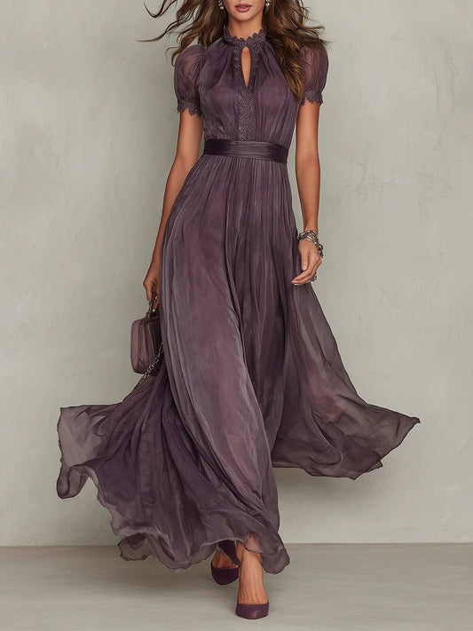 Ava | Maxi Dress Keyhole Neckline Short Puff Sleeves Flowing