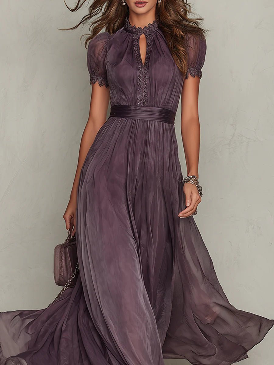 Ava | Maxi Dress Keyhole Neckline Short Puff Sleeves Flowing
